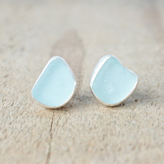 Soft Aqua Blue Sea Glass Stud Earrings