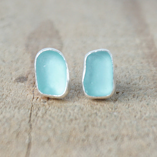 Teal Blue Green Sea Glass Stud Earrings