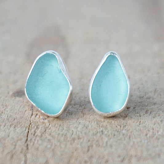 Teal Blue Green Sea Glass Stud Earrings