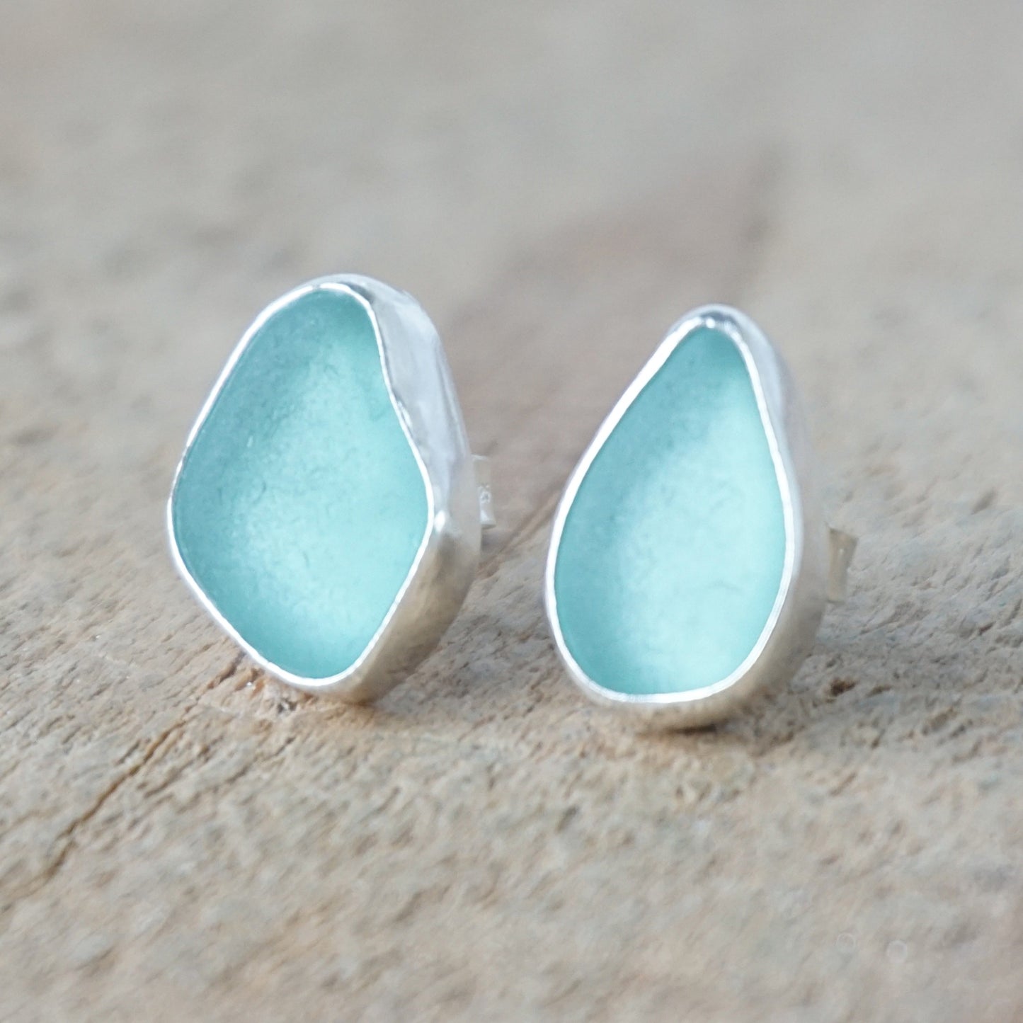 Teal Blue Green Sea Glass Stud Earrings