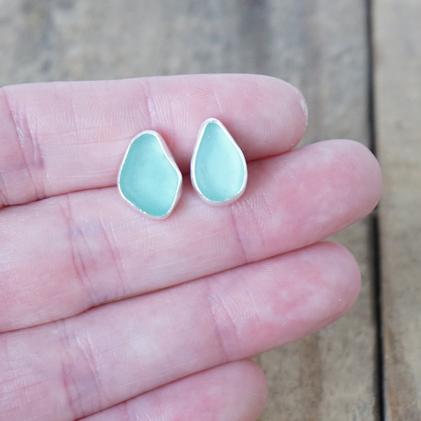 Teal Blue Green Sea Glass Stud Earrings