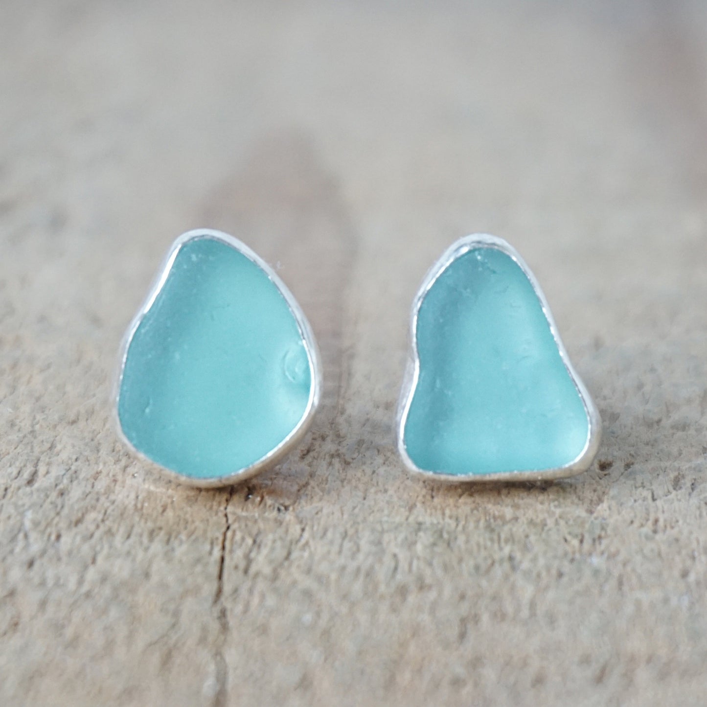 Teal Blue Green Sea Glass Stud Earrings