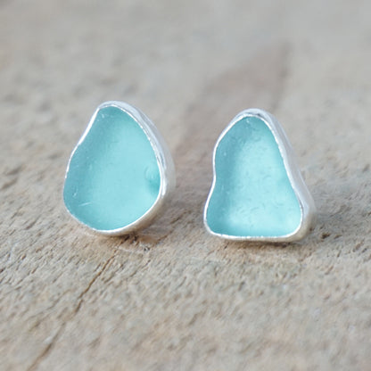 Teal Blue Green Sea Glass Stud Earrings