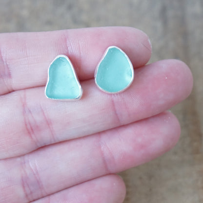 Teal Blue Green Sea Glass Stud Earrings