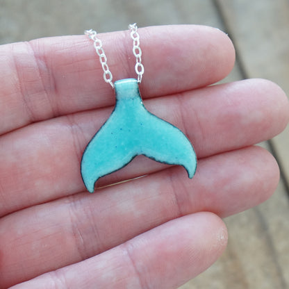 Aqua Blue Enamel Whale/Mermaid Tail Necklace