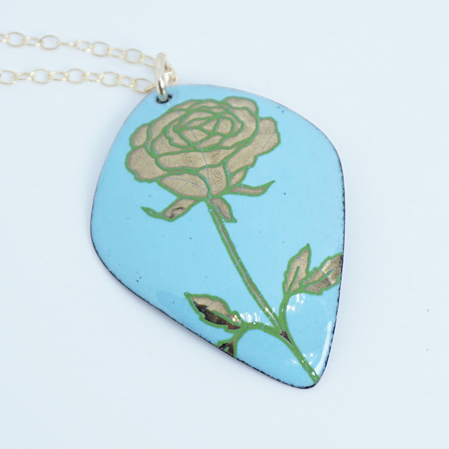 Gold and Green Rose on Light Blue Enamel Pendant