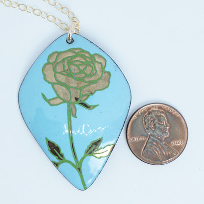 Gold and Green Rose on Light Blue Enamel Pendant