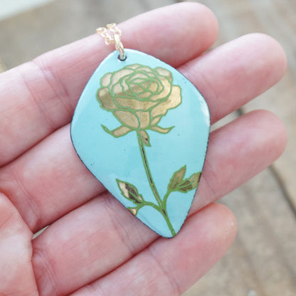 Gold and Green Rose on Light Blue Enamel Pendant