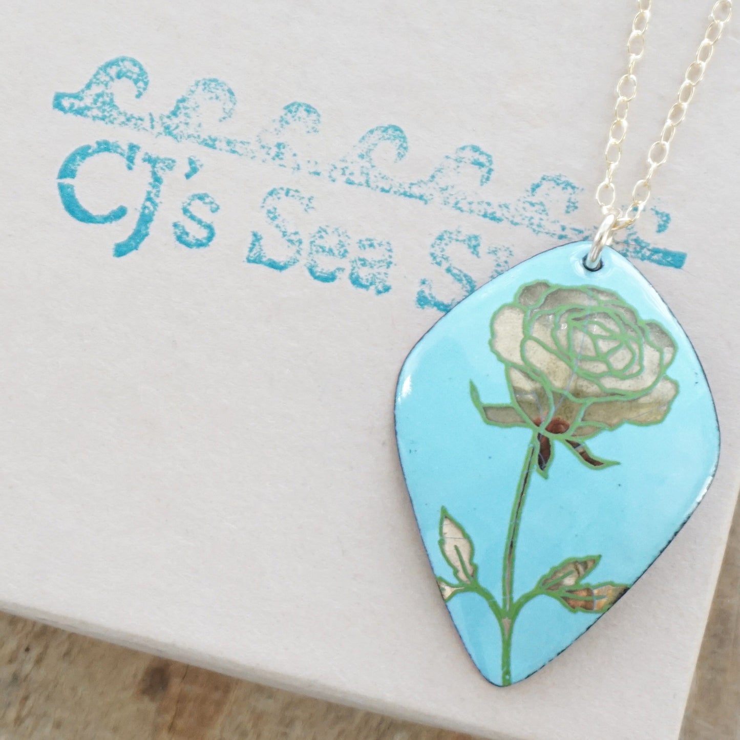 Gold and Green Rose on Light Blue Enamel Pendant