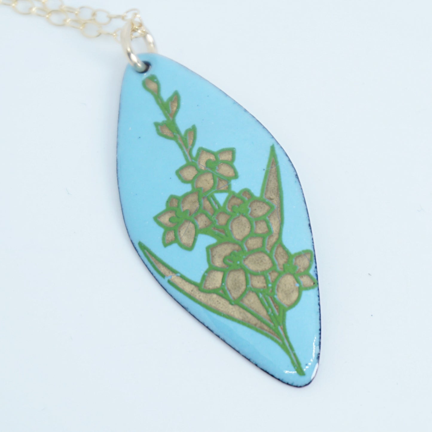 Gold and Green Flowers on Light Blue Enamel Pendant