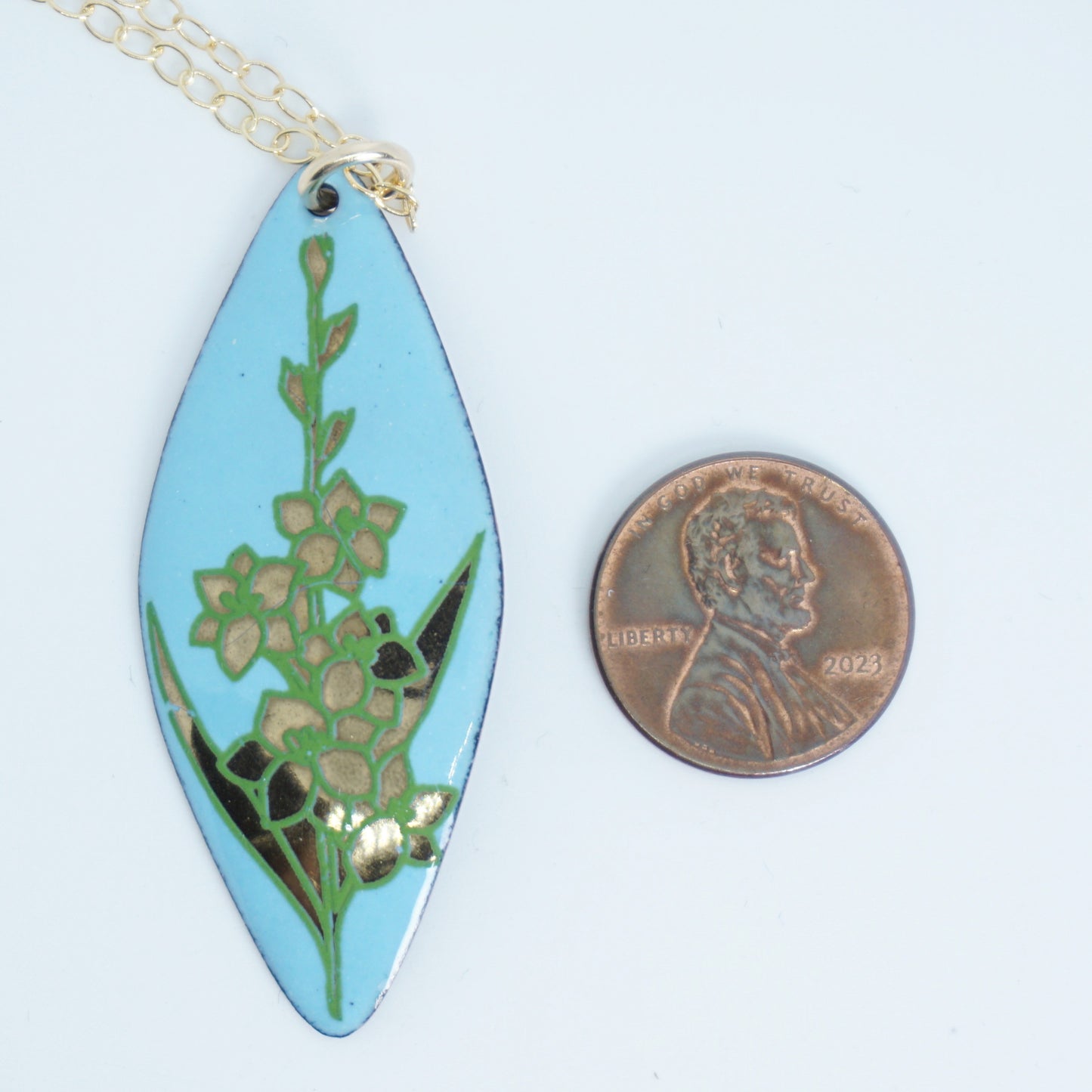 Gold and Green Flowers on Light Blue Enamel Pendant