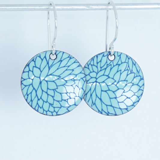 Blue Flower Accents on Seafoam Green Enamel Disc Earrings