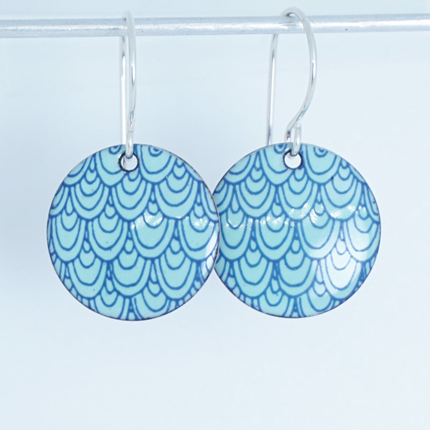 Blue Mermaid Scale Accents on Seafoam Green Enamel Disc Earrings