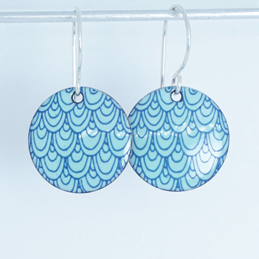 Blue Mermaid Scale Accents on Seafoam Green Enamel Disc Earrings