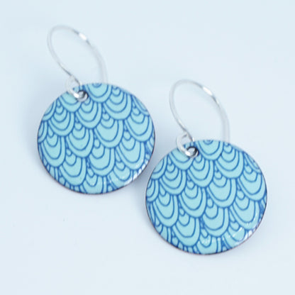 Blue Mermaid Scale Accents on Seafoam Green Enamel Disc Earrings