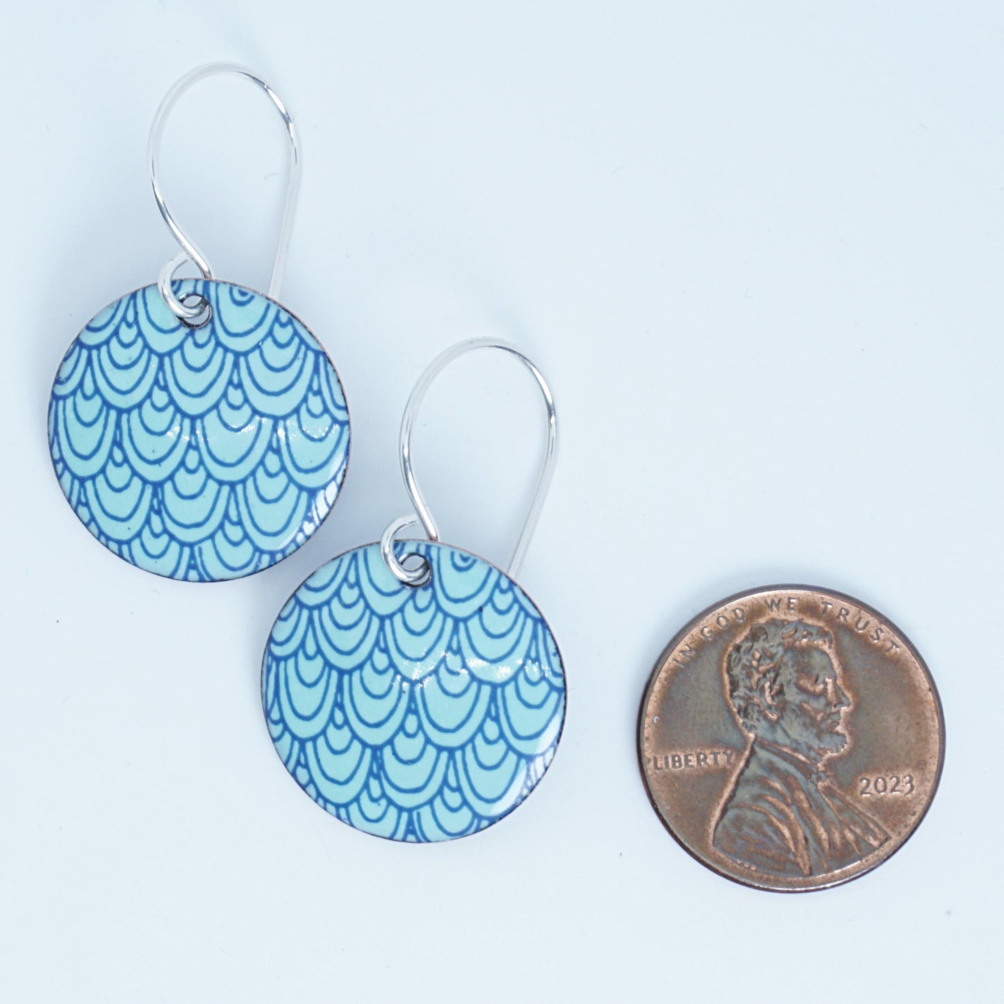 Blue Mermaid Scale Accents on Seafoam Green Enamel Disc Earrings