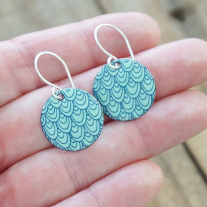 Blue Mermaid Scale Accents on Seafoam Green Enamel Disc Earrings