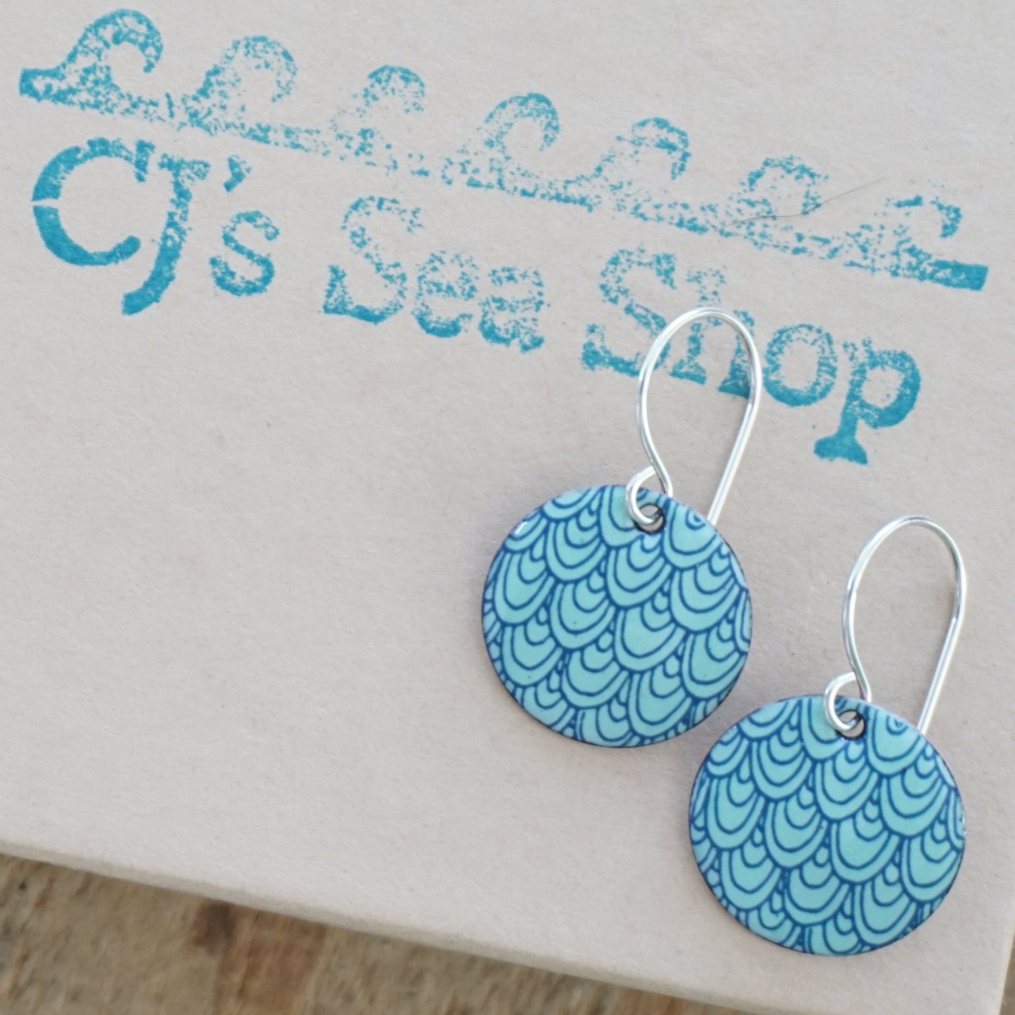 Blue Mermaid Scale Accents on Seafoam Green Enamel Disc Earrings