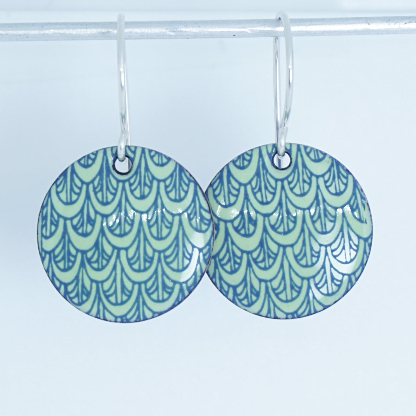 Blue Mermaid Scale Accents on Light Green Enamel Disc Earrings