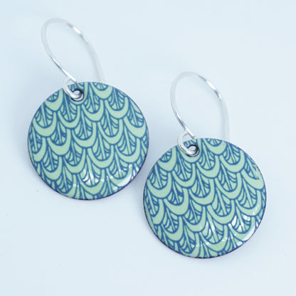 Blue Mermaid Scale Accents on Light Green Enamel Disc Earrings