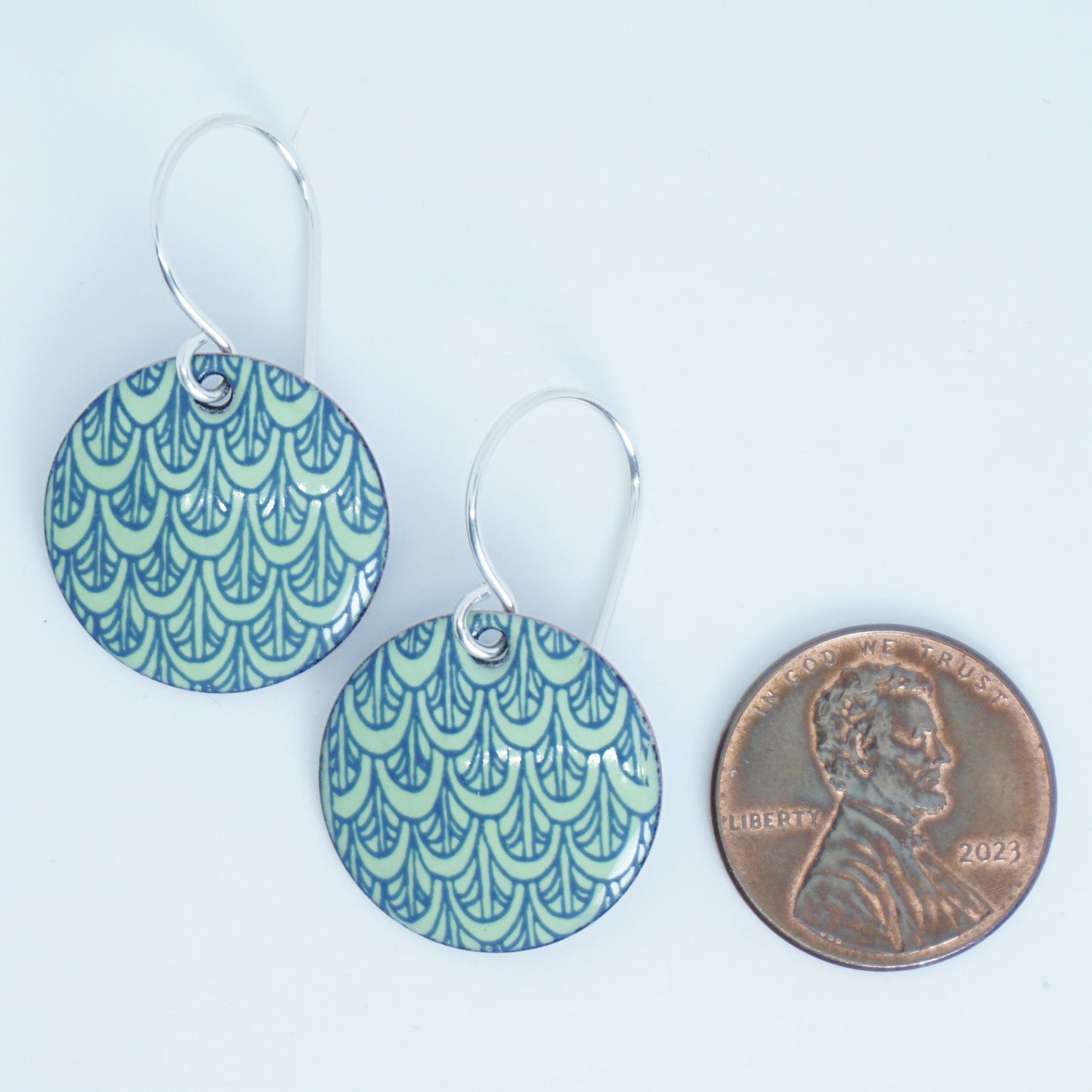 Blue Mermaid Scale Accents on Light Green Enamel Disc Earrings