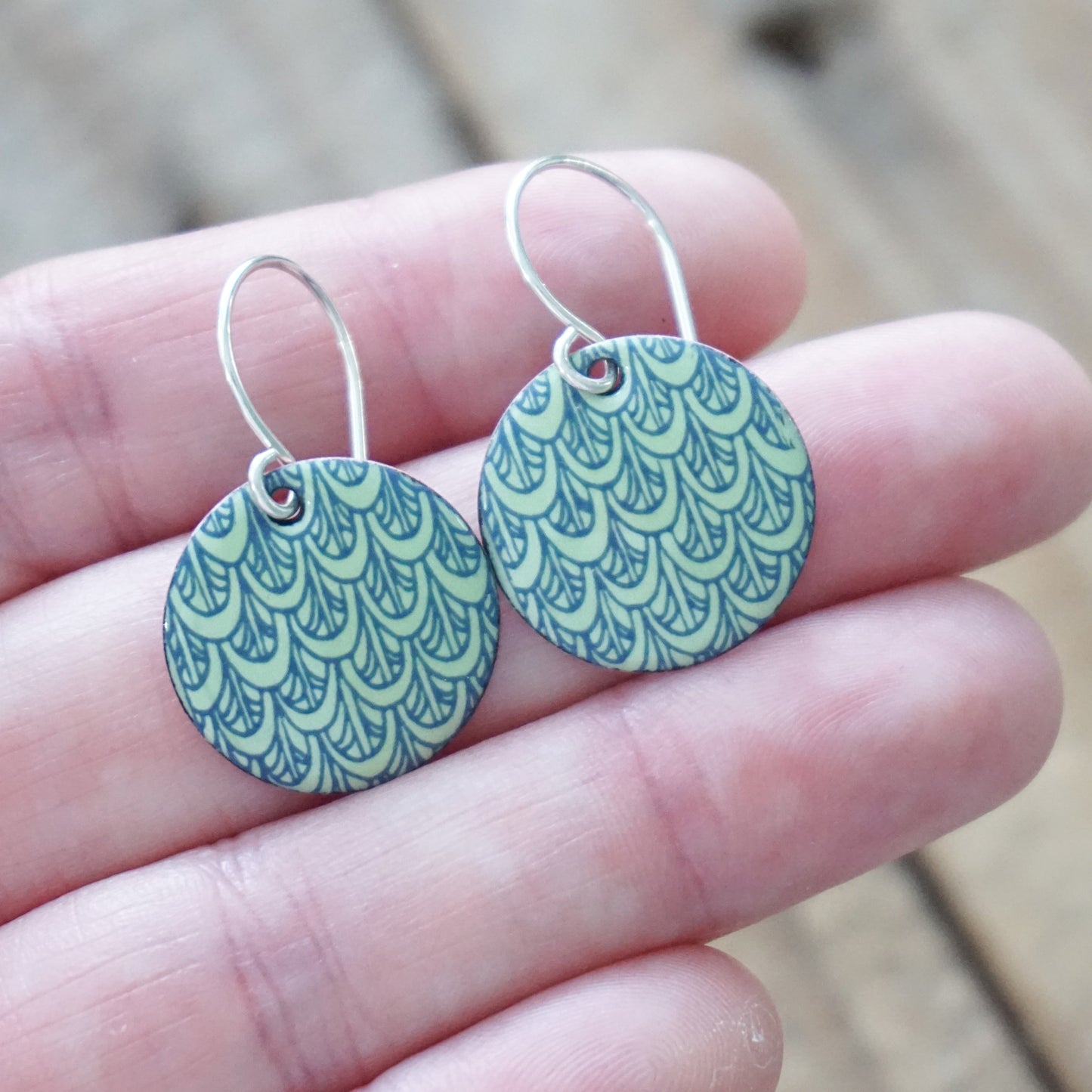 Blue Mermaid Scale Accents on Light Green Enamel Disc Earrings