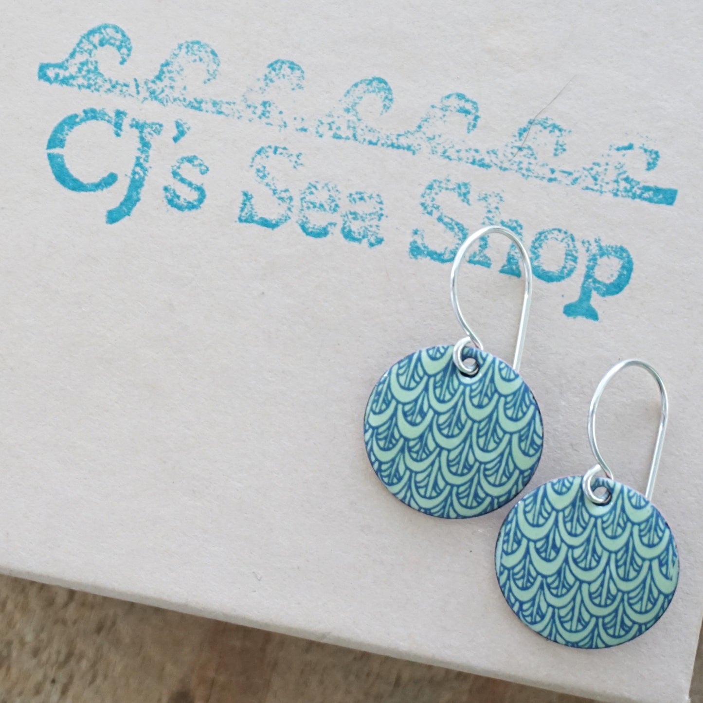 Blue Mermaid Scale Accents on Light Green Enamel Disc Earrings