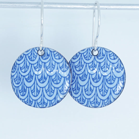 Blue Mermaid Scale Accents on Light Periwinkle Enamel Disc Earrings