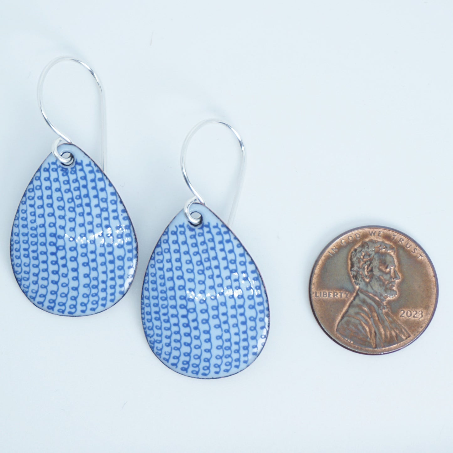 Blue Loop Accents on Light Periwinkle Enamel Teardrop Earrings