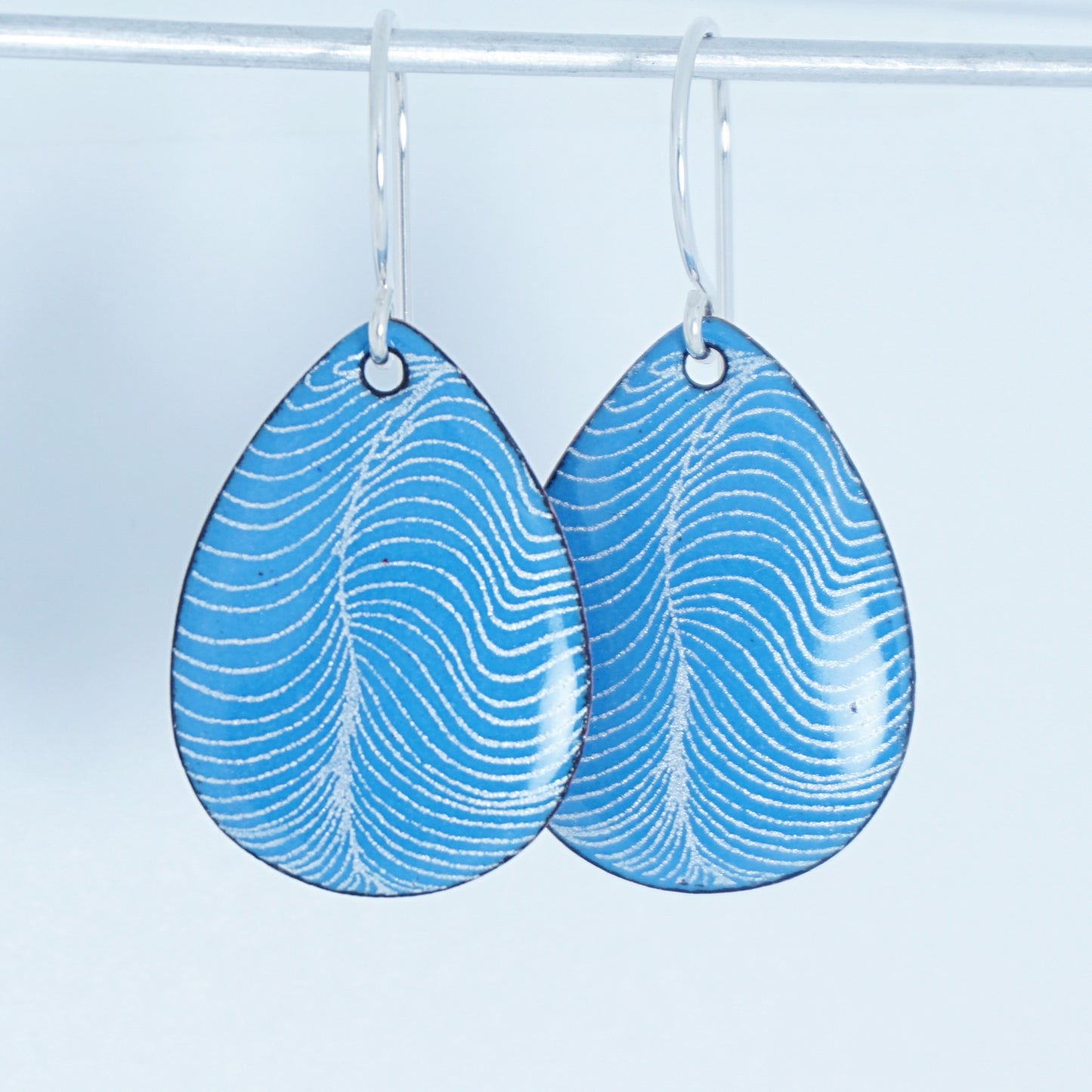 White Line Accents on Aqua Blue Enamel Teardrop Earrings