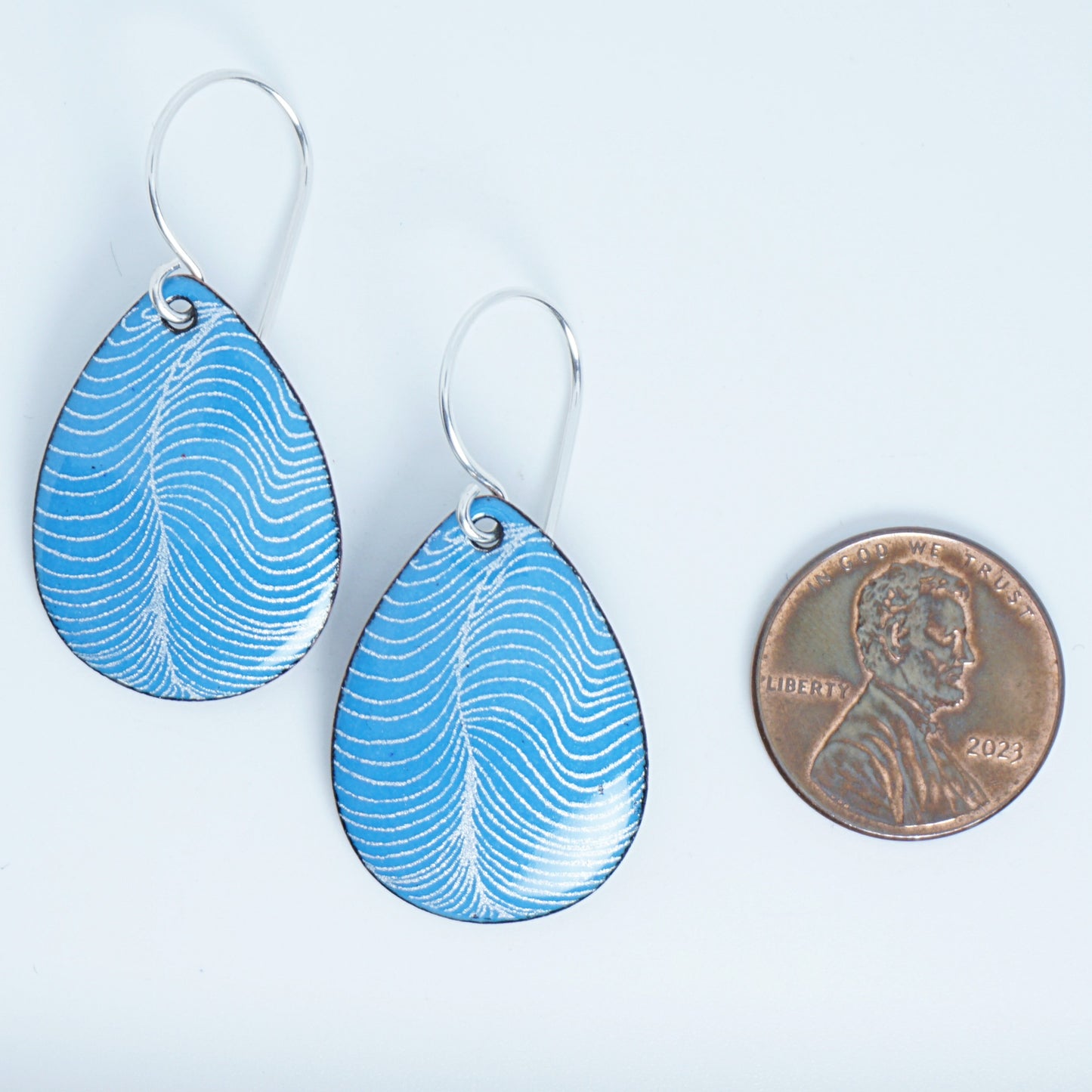 White Line Accents on Aqua Blue Enamel Teardrop Earrings