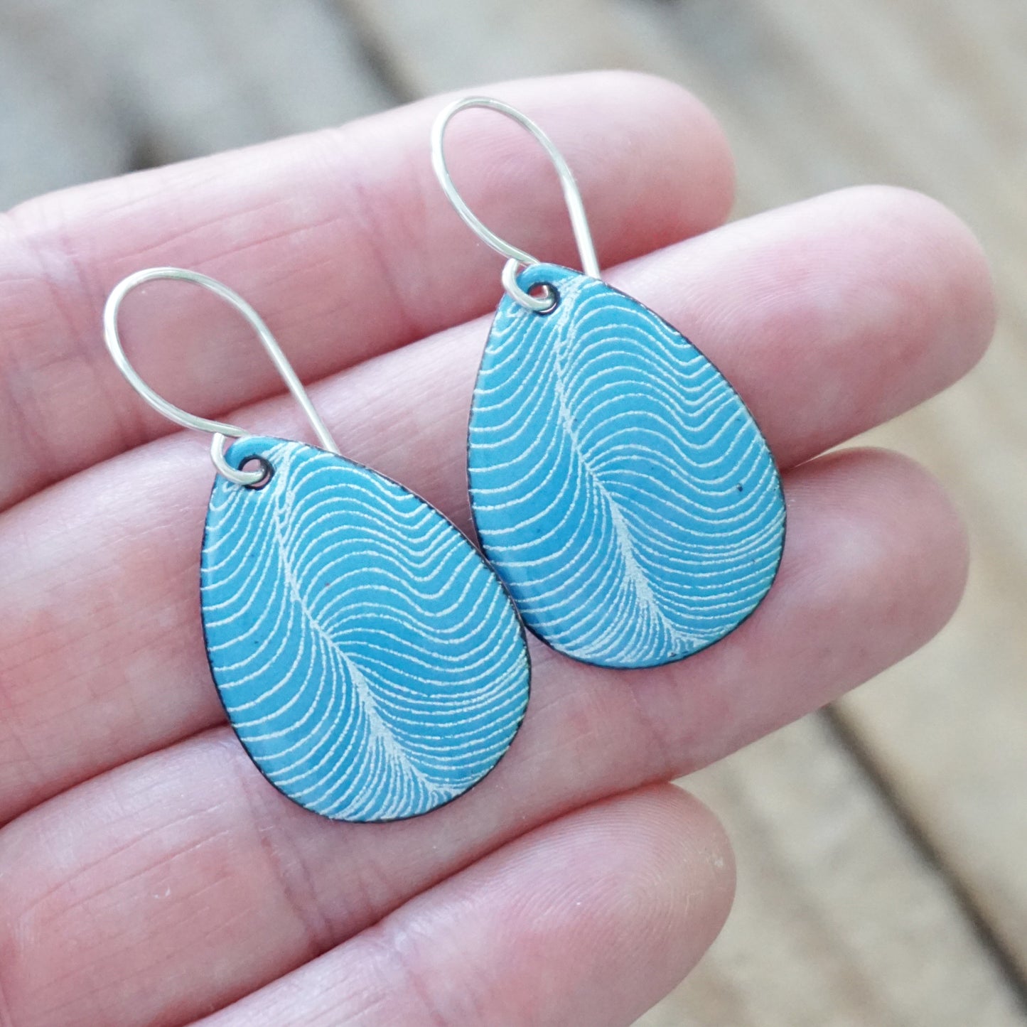 White Line Accents on Aqua Blue Enamel Teardrop Earrings