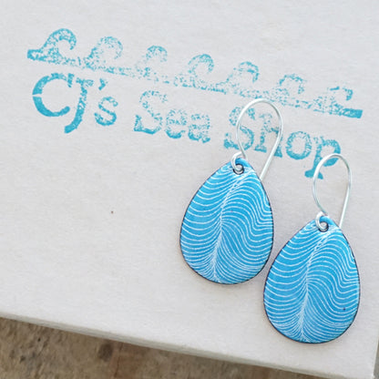 White Line Accents on Aqua Blue Enamel Teardrop Earrings