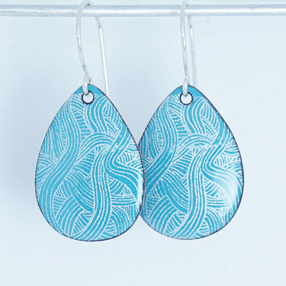 White Line Accents on Teal Green Enamel Teardrop Earrings