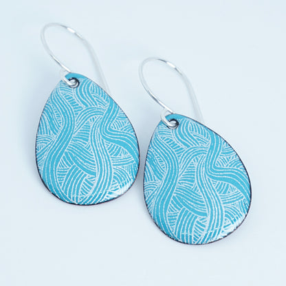 White Line Accents on Teal Green Enamel Teardrop Earrings