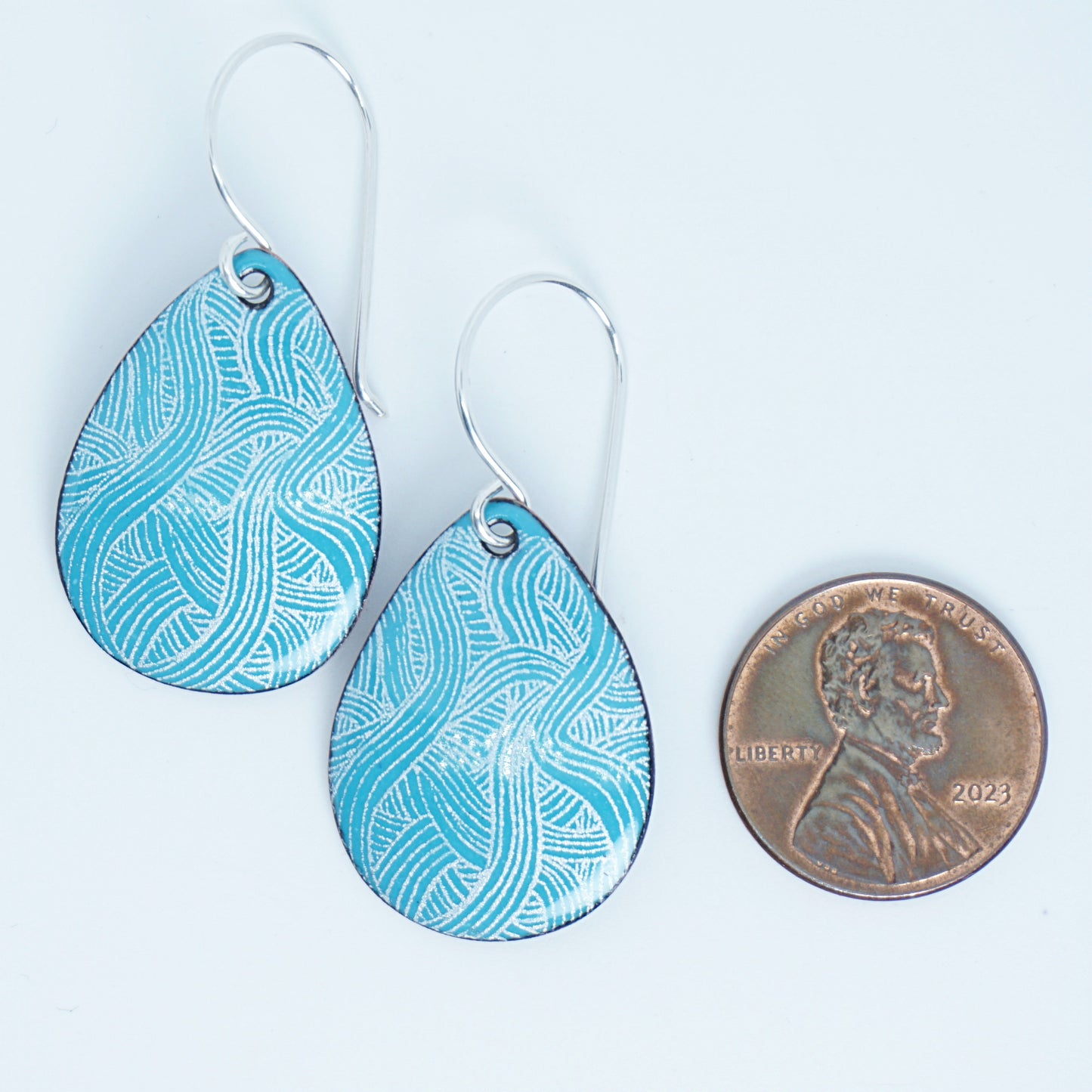 White Line Accents on Teal Green Enamel Teardrop Earrings