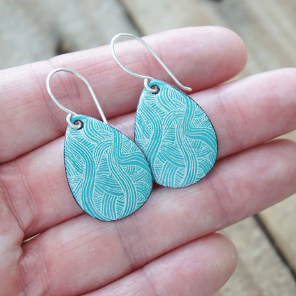 White Line Accents on Teal Green Enamel Teardrop Earrings