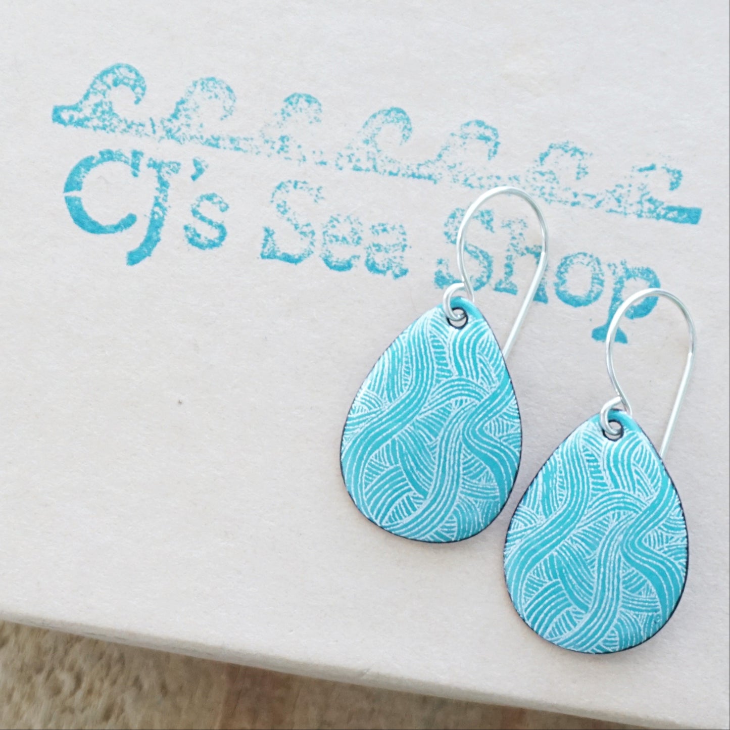 White Line Accents on Teal Green Enamel Teardrop Earrings