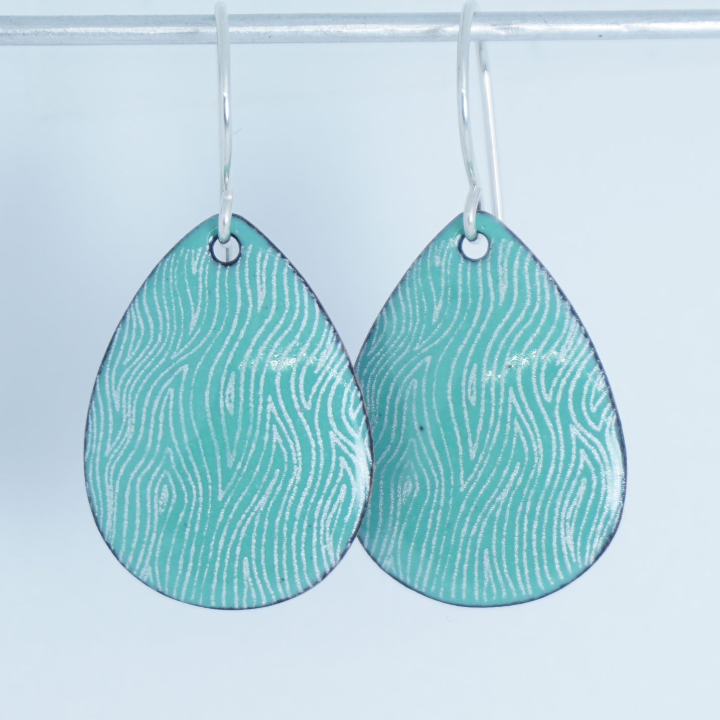 White Line Accents on Green Enamel Teardrop Earrings