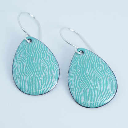 White Line Accents on Green Enamel Teardrop Earrings