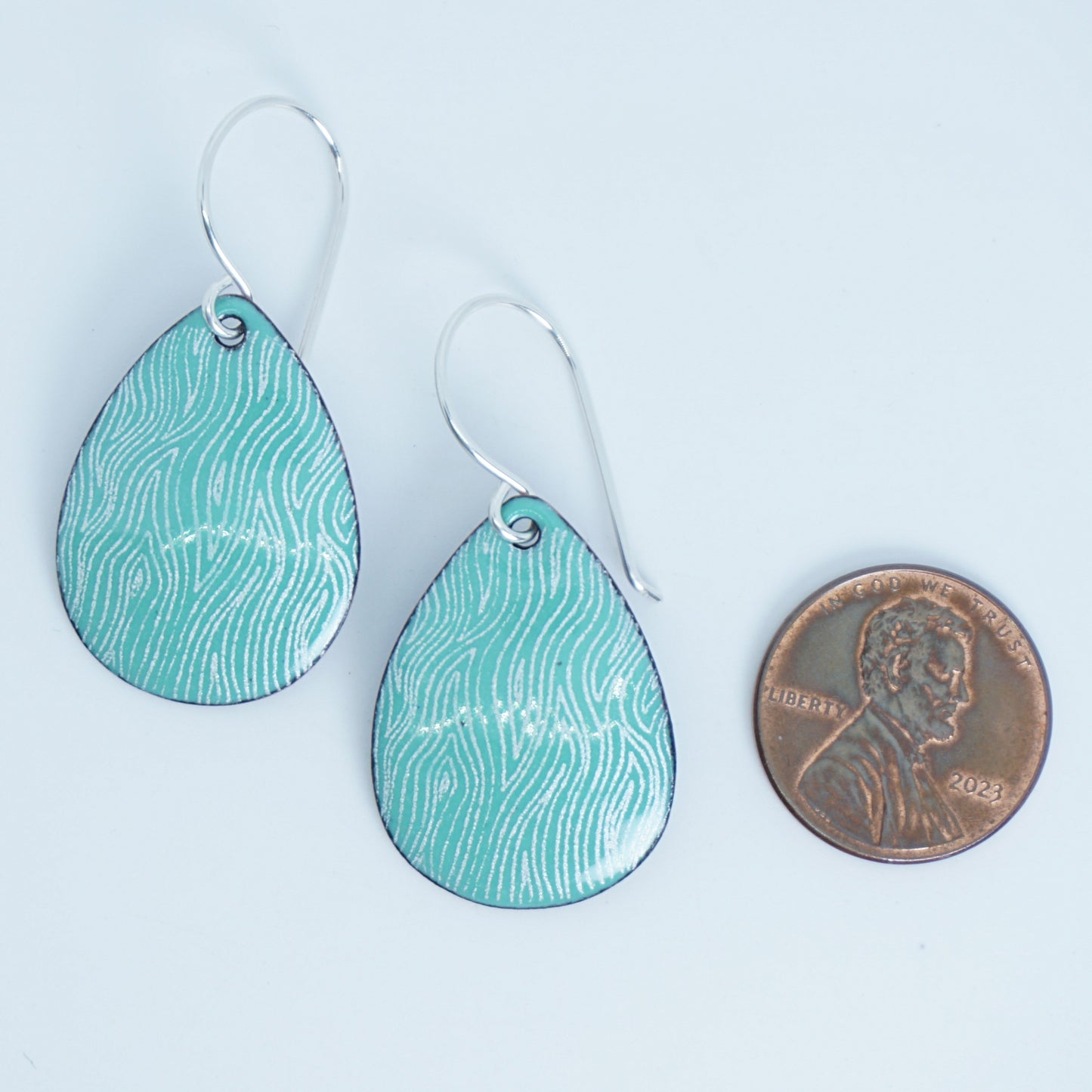 White Line Accents on Green Enamel Teardrop Earrings