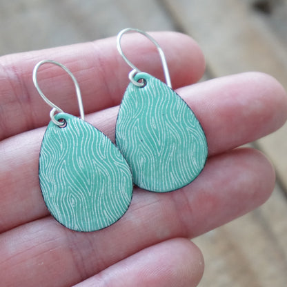 White Line Accents on Green Enamel Teardrop Earrings