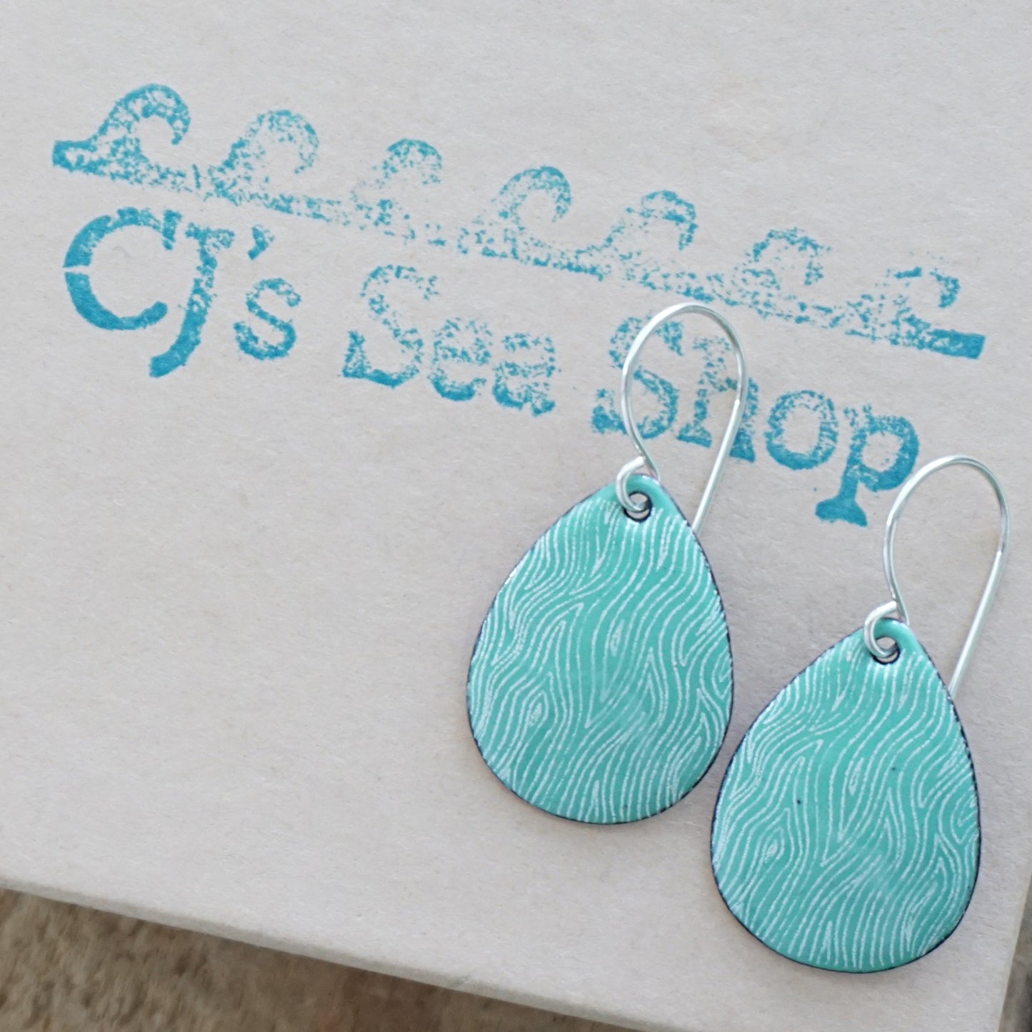 White Line Accents on Green Enamel Teardrop Earrings