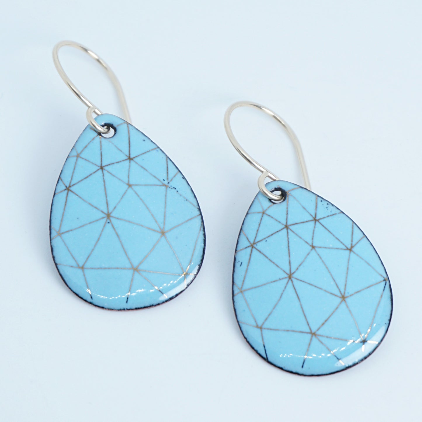 Gold Geometric Accents on Robin's Egg Blue Enamel Teardrop Earrings