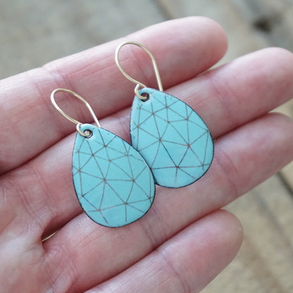 Gold Geometric Accents on Robin's Egg Blue Enamel Teardrop Earrings