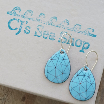 Gold Geometric Accents on Robin's Egg Blue Enamel Teardrop Earrings