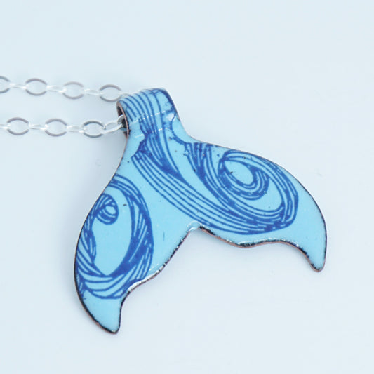 Cobalt Blue Swirl on Light Blue Enamel Whale/Mermaid Tail Necklace