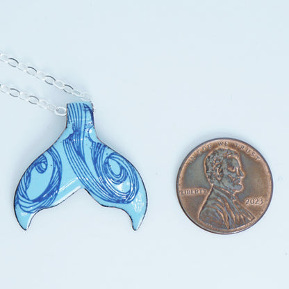 Cobalt Blue Swirl on Light Blue Enamel Whale/Mermaid Tail Necklace