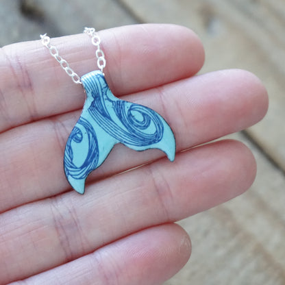 Cobalt Blue Swirl on Light Blue Enamel Whale/Mermaid Tail Necklace