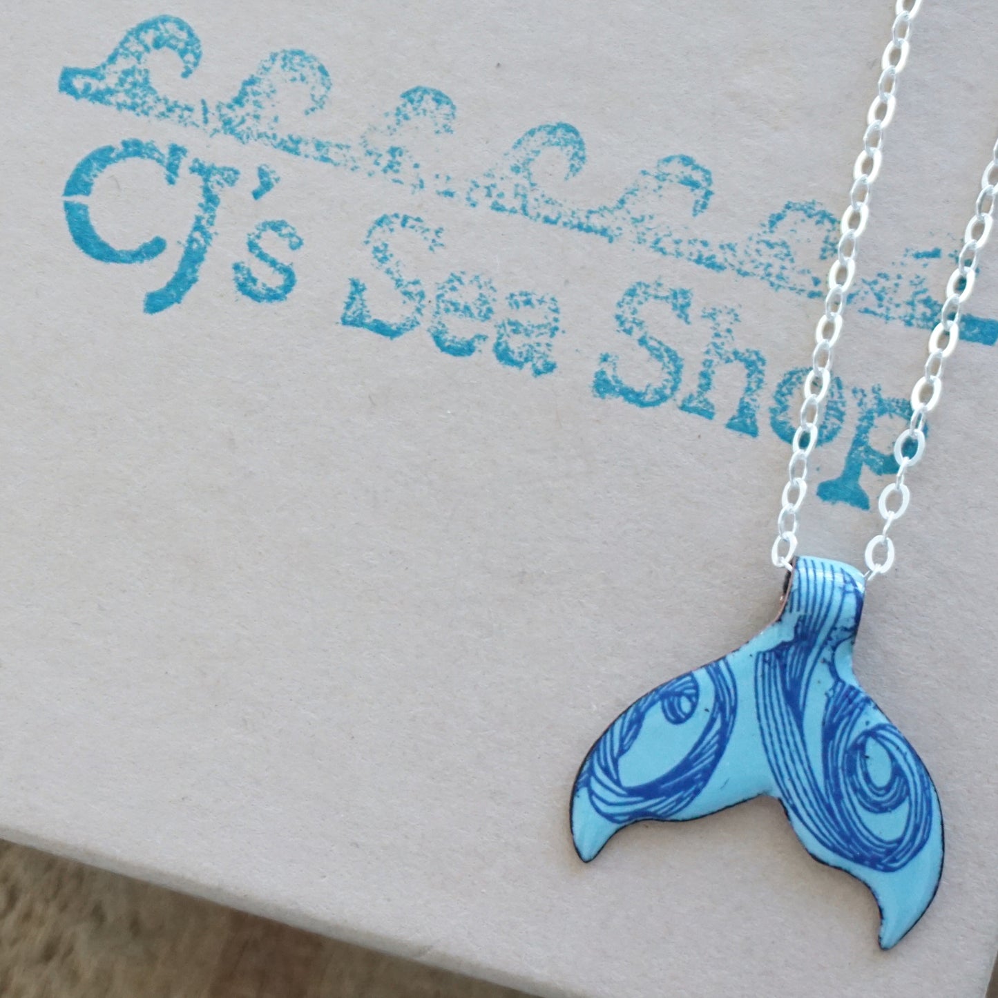 Cobalt Blue Swirl on Light Blue Enamel Whale/Mermaid Tail Necklace